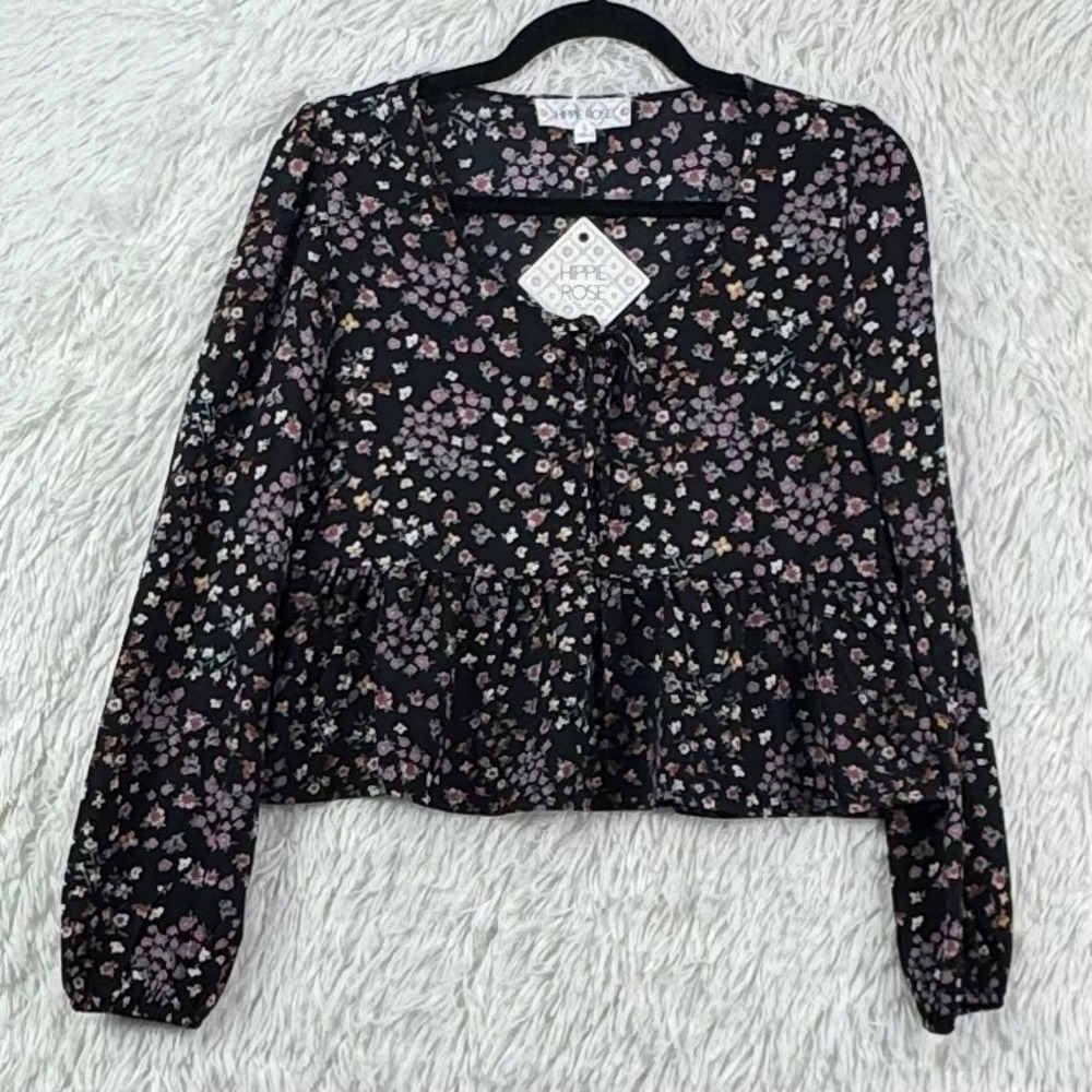 Hippie Rose Black Floral Peplum Blouse Size Small Tie Front Boho Top